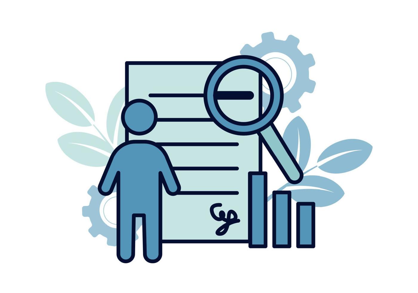 Finance. Vector illustration of financial management. The document on which the silhouette of a man, near a diagram, above which a magnifier, on the background of gears, leaves