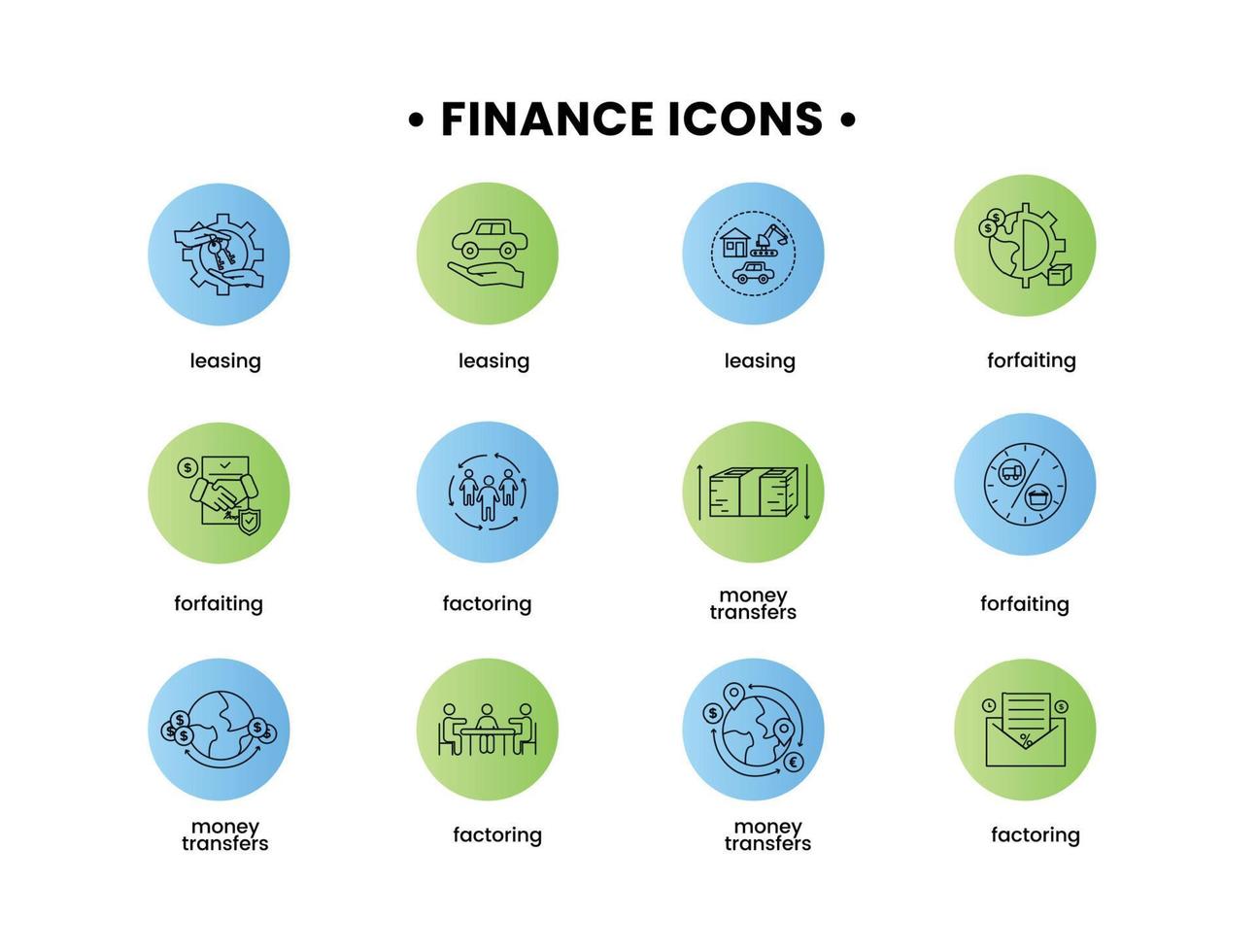 vector Finanzas ilustración. forfaiting íconos colocar, arrendamiento, factorización, dinero transferencias