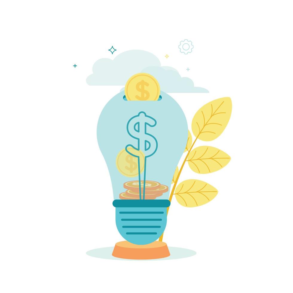 Vector illustration of a light bulb with dollar coins, on a plant, cloud background