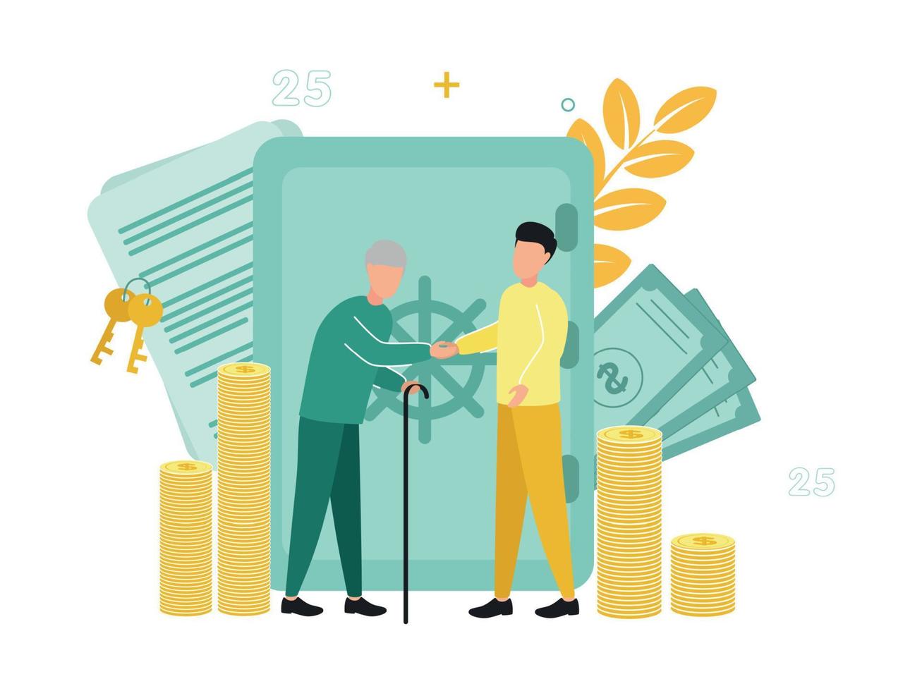 Finance. Trust, fiduciary services. A man and an elderly man shake hands near the safe, next to documents, keys, bills and stacks of coins. Vector illustration