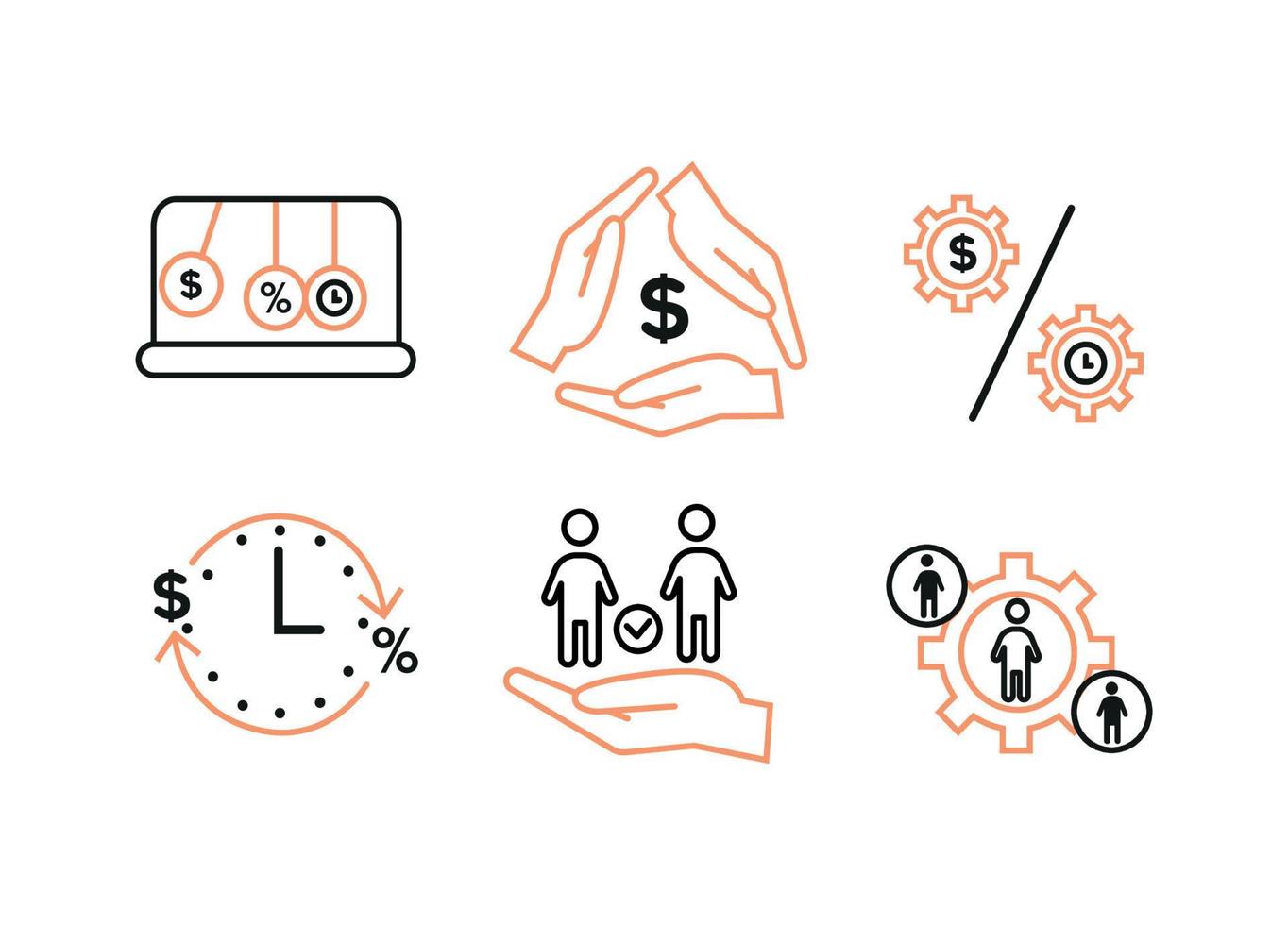 Finance icons. Financial services icons set. Icons lending, financial intermediaries. Gear sign, inside silhouette, on the sides silhouettes in circles vector