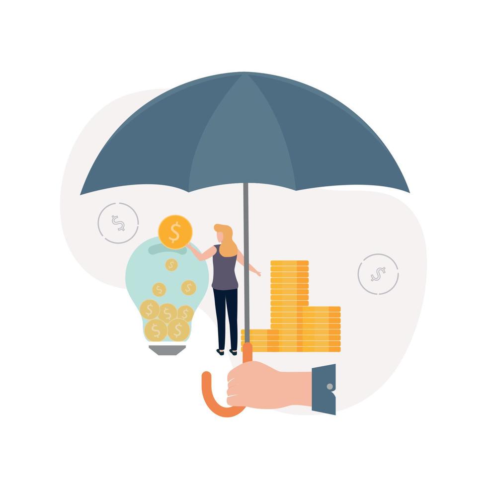 Insurance. Venture capital. Illustration a hand holds an umbrella under which stacks of coins, a woman throws a coin into a light bulb, on the background of dollar signs vector