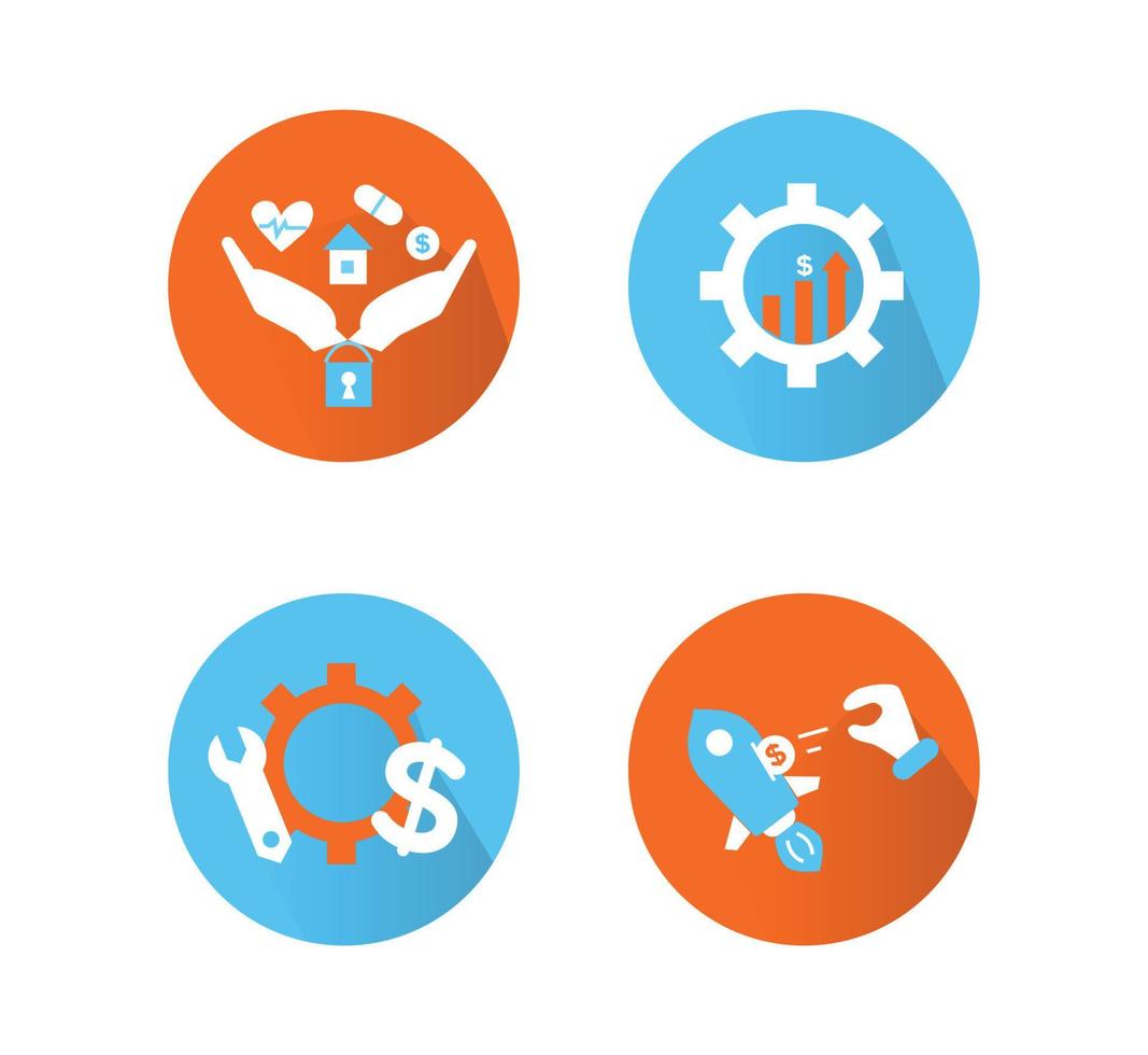 Financial services icons set. Icons insurance, venture capital, asset management. Icons gear with a mechanical key and a dollar sign, palm with a lock, a house, a heart, a tablet and a coin vector