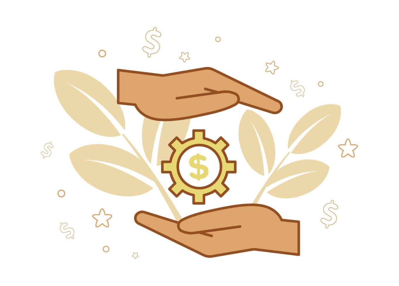 Financial services. Asset Management. Illustration of a gear with a dollar sign between the palms, on the background of a branch with leaves, stars, dollars vector