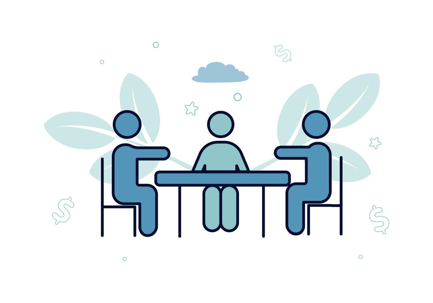 finanzas. vector ilustración de factorización. Tres siluetas de personas son sentado a el mesa, en contra un antecedentes de hojas, dólar señales, nubes, estrellas