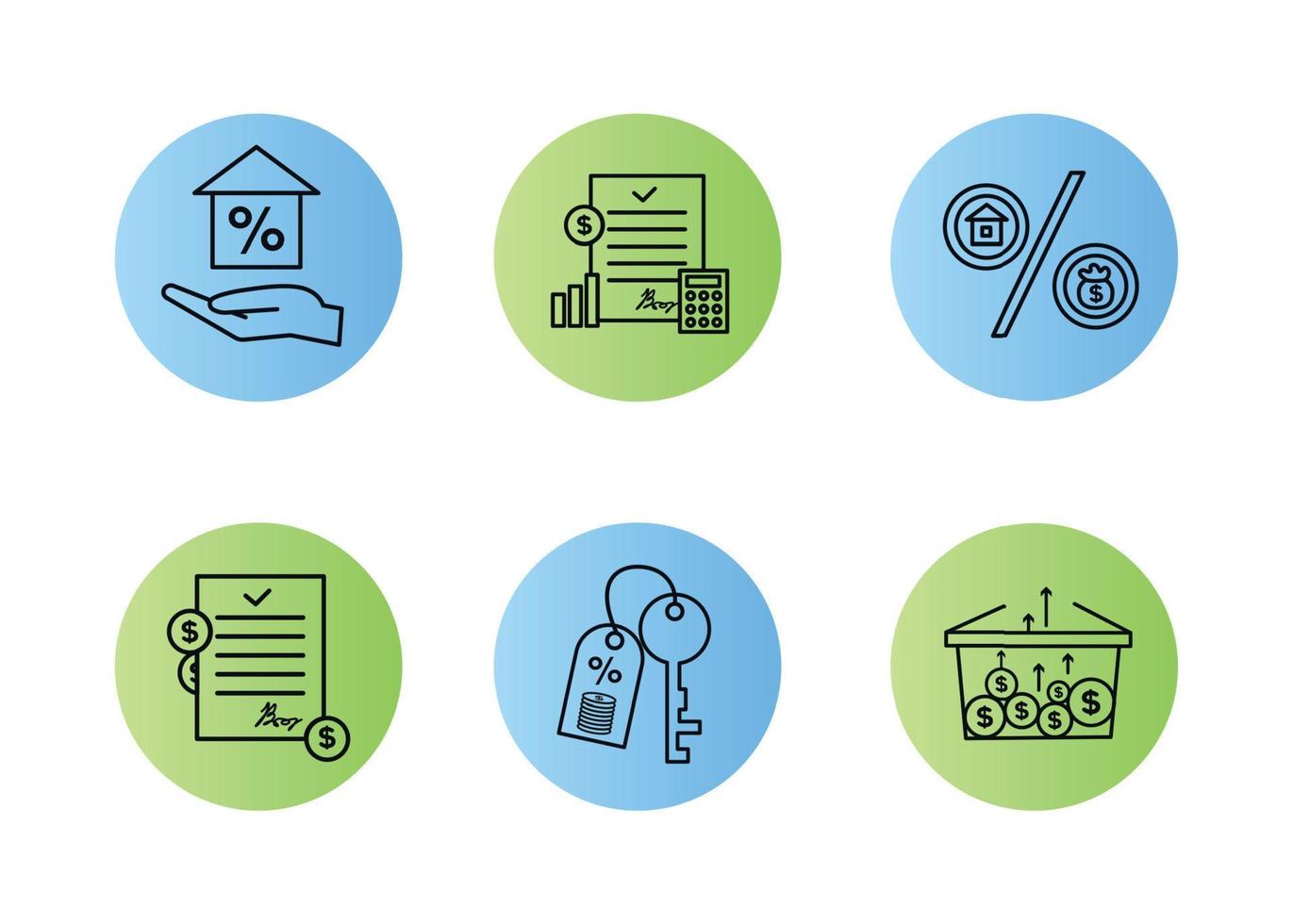 Finance icons. Financial services icons set. Mortgage, financial exchange icons. In the palm of your hand is a house with a percentage, a key with a keychain, on which coins and a percentage vector