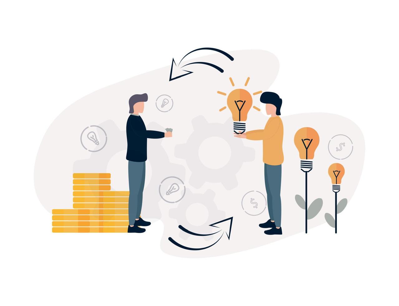 Venture capital. A man holds a light bulb in his hands, followed by flowers, instead of buds of which there are light bulbs, in front of him a man stands with money in his hands, near stacks of coins vector