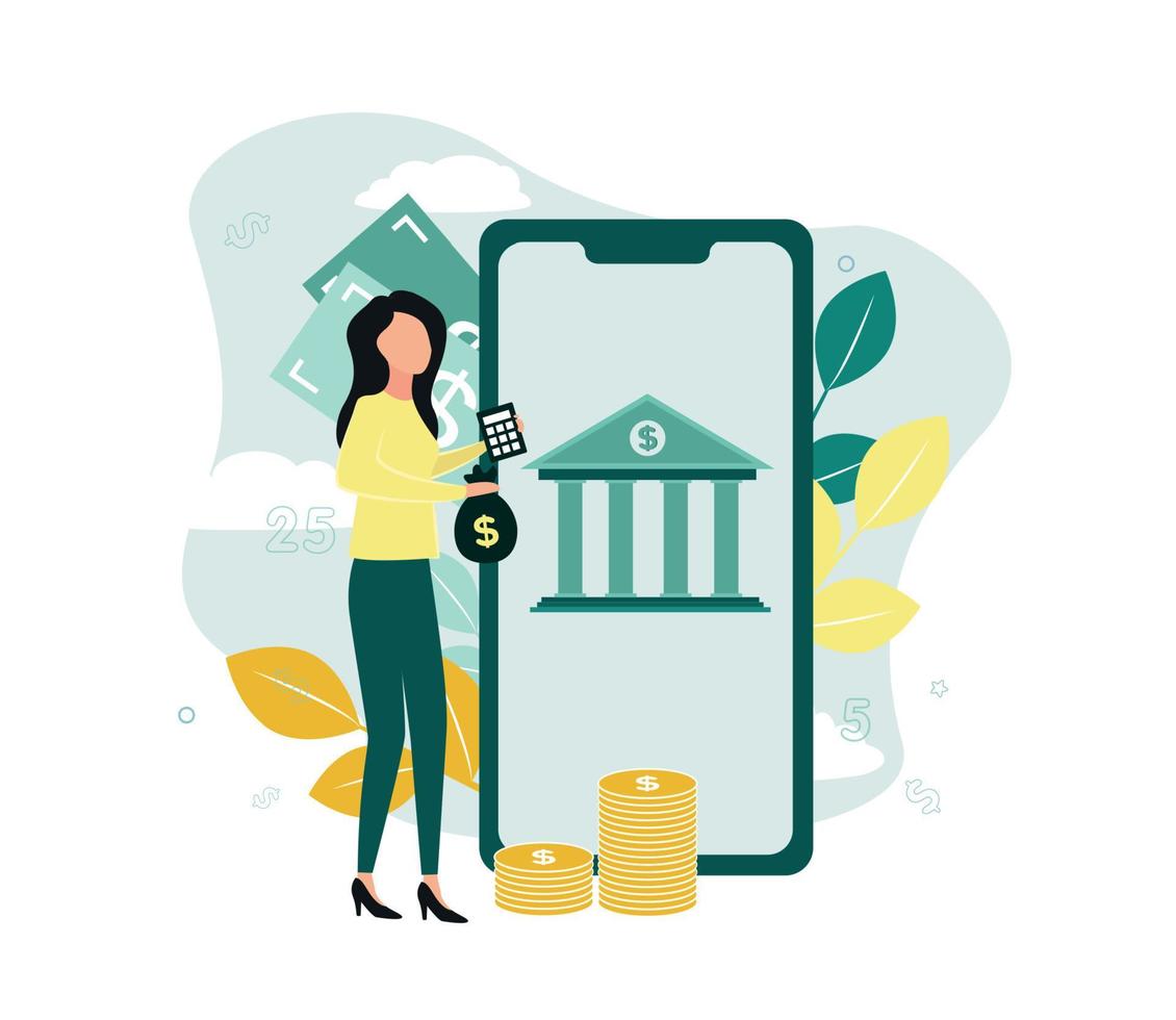 Finance. Vector illustration of accounting. A woman with a calculator and a money bag near a large smartphone, which depicts a bank, near stacks of coins, banknotes, plants, on a cloud background
