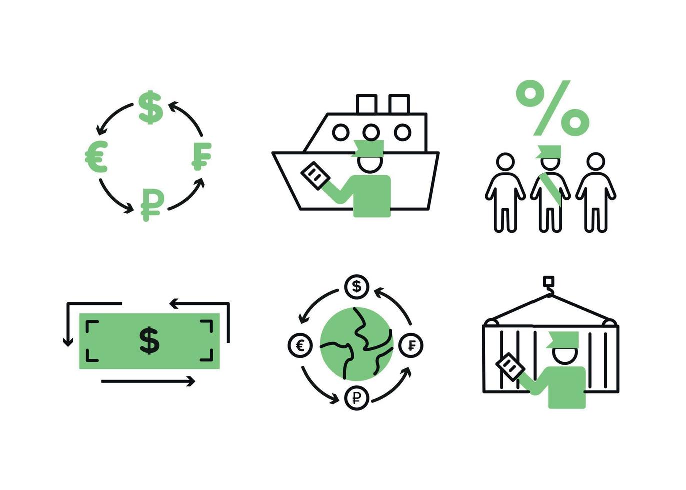 Finance icons. Financial services icons set. Icons customs broker, currency exchange. A silhouette of a man in the form of a customs broker with a document in hand near a cargo container on a hook vector