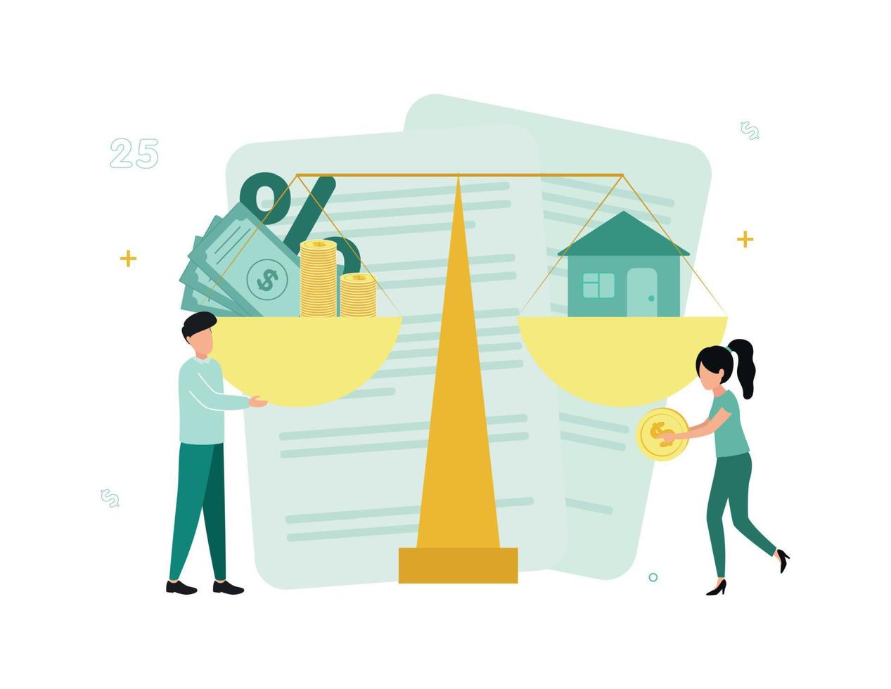 Finance. Mortgage. A man and a woman stand at the scales, in the bowls of which there is a house, money, interest, documents in the background. Vector illustration