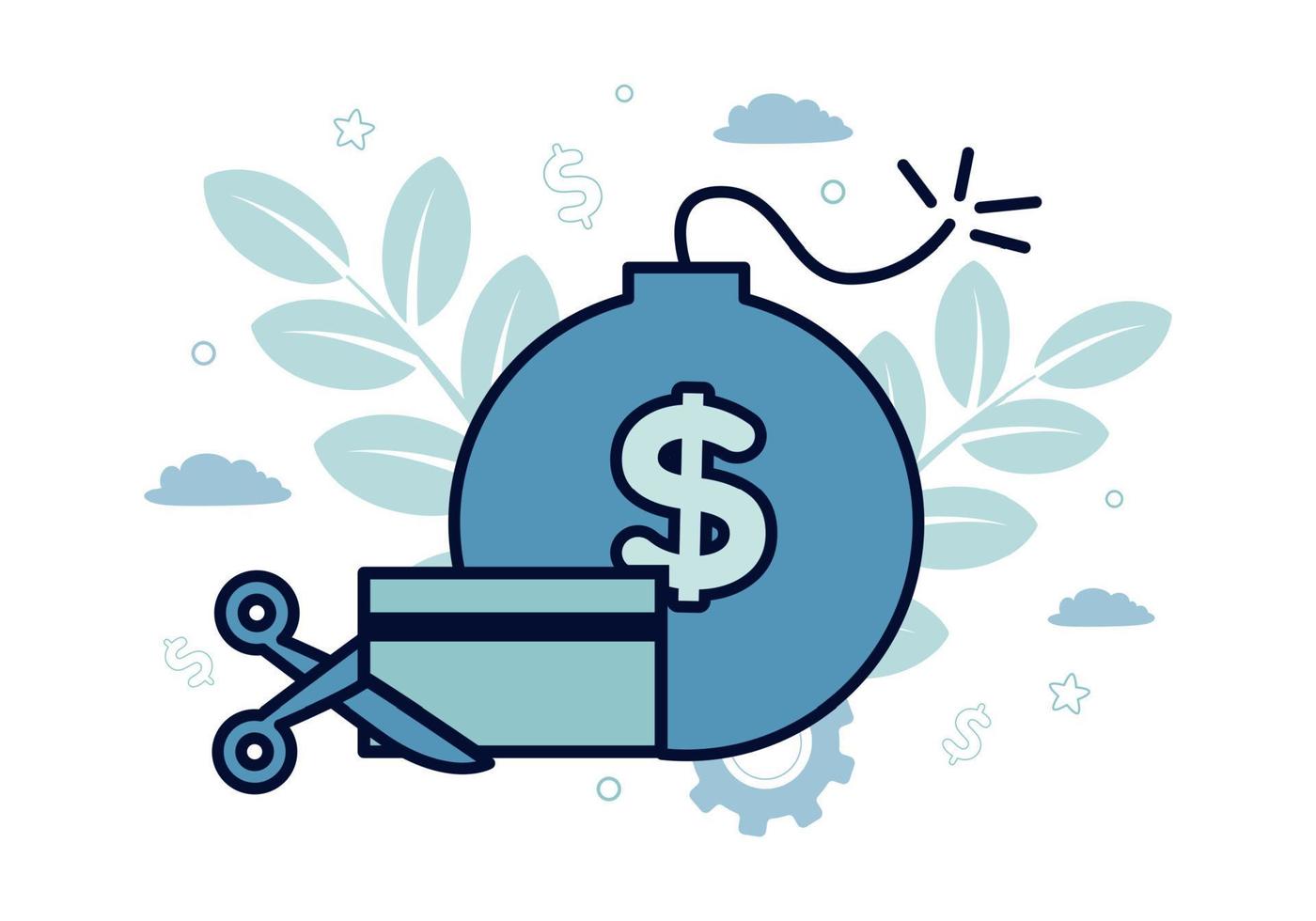 Finance. Vector illustration of default. A bomb with a burning wick and with a dollar sign, on it scissors cut a credit card, against a background of clouds, branches, leaves, stars