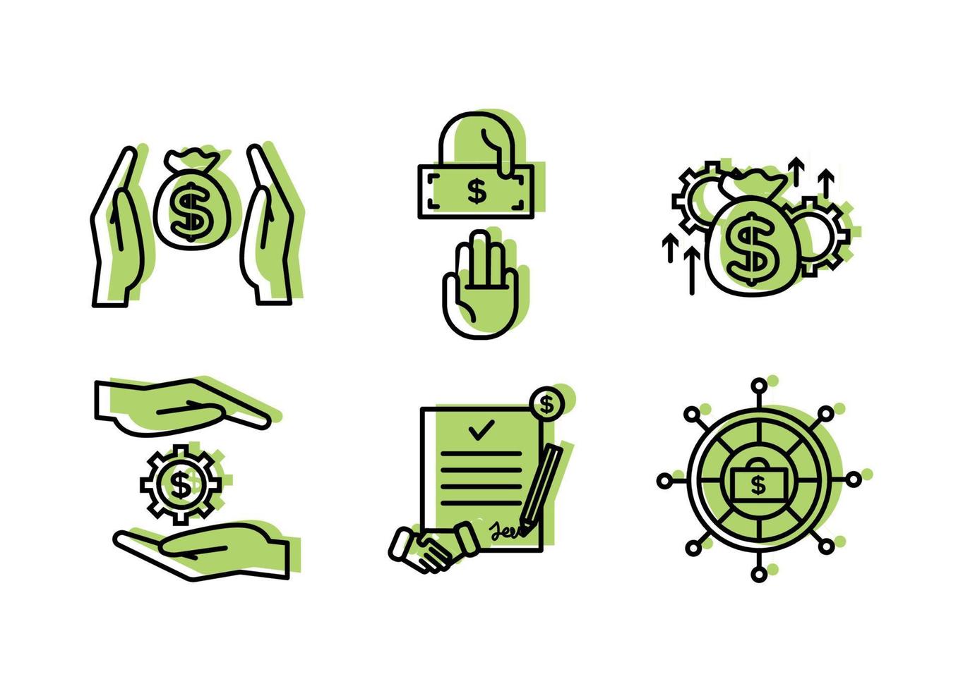 Financial services icons set. Icons asset management, wealth management, insurance, venture capital. Icons gear with a dollar between the palms, a steering wheel with a briefcase and a dollar vector