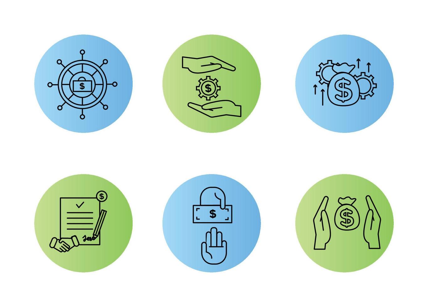 Financial services icons set. Icons asset management, wealth management, insurance, venture capital. Icons gear with a dollar between the palms, a steering wheel with a briefcase and a dollar vector