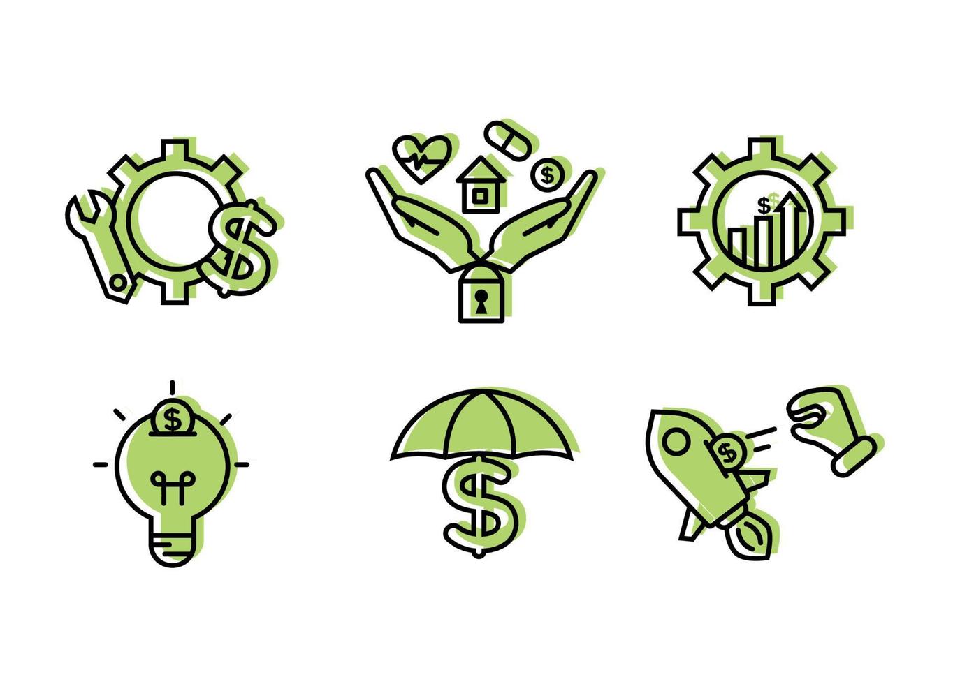 Financial services icons set. Icons insurance, venture capital, asset management. Icons gear with a mechanical key and a dollar sign, palm with a lock, a house, a heart, a tablet and a coin vector