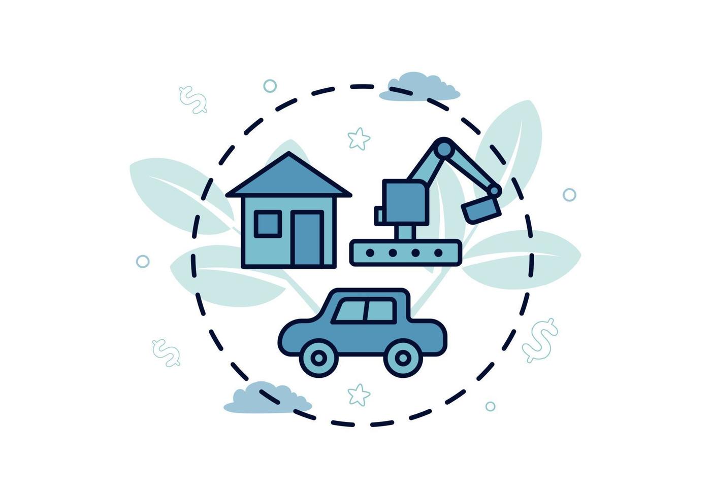 Finance. Vector illustration of leasing. In a circle from a dotted line, a house, a car, an excavator, against a background of leaves, dollar signs, stars, clouds