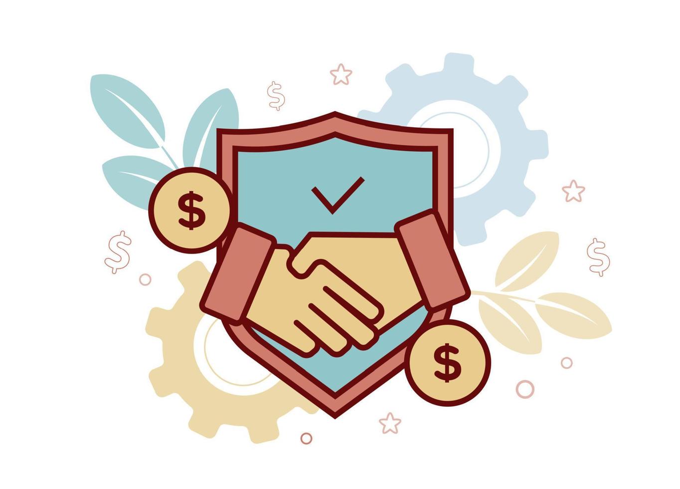 Finance. Financial services. Trust Services. Fiduciary services. Illustration of a guard icon, on it a handshake, coins, on the background of gears, dollar signs, stars, branches with leaves. vector