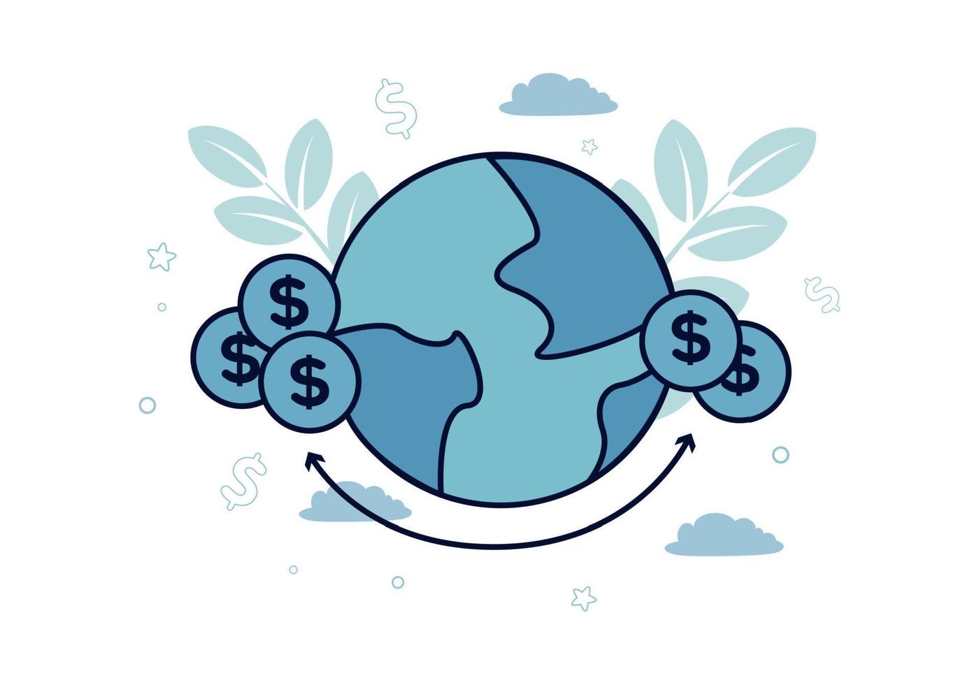 Finance. Vector illustration of money transfers. The planet, on the sides of the dollar coins, at the bottom of the arrow pointing to the coins in two sides, against the background of leaves, clouds