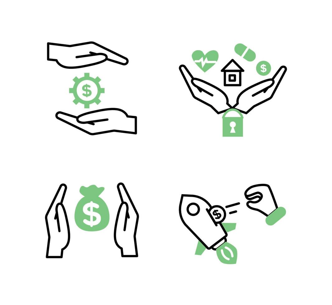 Financial services icons set.Icons venture capital, asset management, insurance. Icons money bag between palms, gear with a dollar sign between palms, two palms nearby, a castle below, a house on them vector