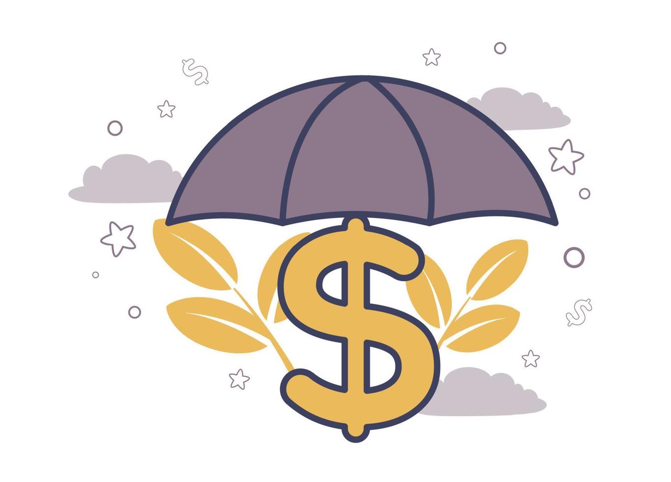 Financial services. Insurance. Illustration of an umbrella with a dollar sign on a background of branches with leaves, stars, clouds. vector