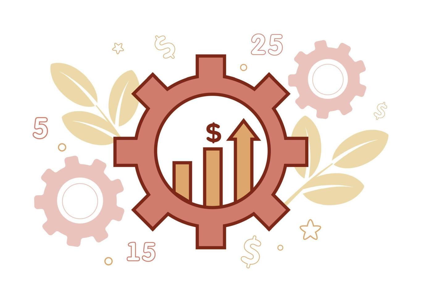 Financial services. Asset Management. Illustration of a gear, inside which is a diagram with an arrow and a dollar, on the background of a branch with leaves, stars, dollar signs, numbers vector