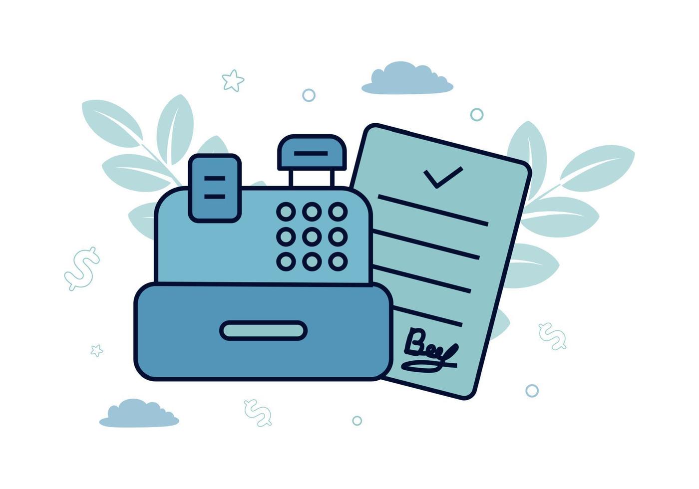 Finance. Vector illustration of settlement transactions. Cash register, next to it is a document, against the background of leaves, clouds, stars