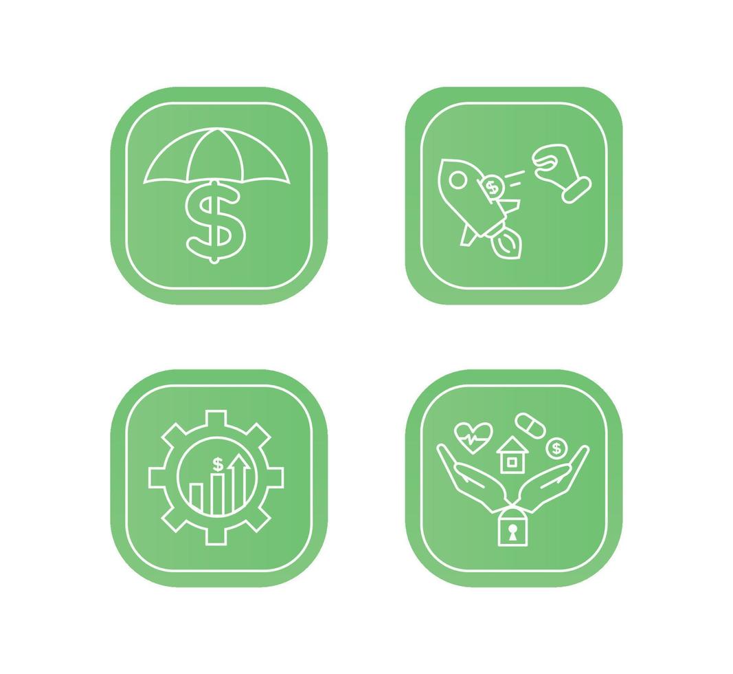 Financial services icons set. Icons insurance, venture capital, asset management. Icons hand throws a coin into a rocket, an umbrella with a pen with a dollar sign, a palm with a lock, a house vector