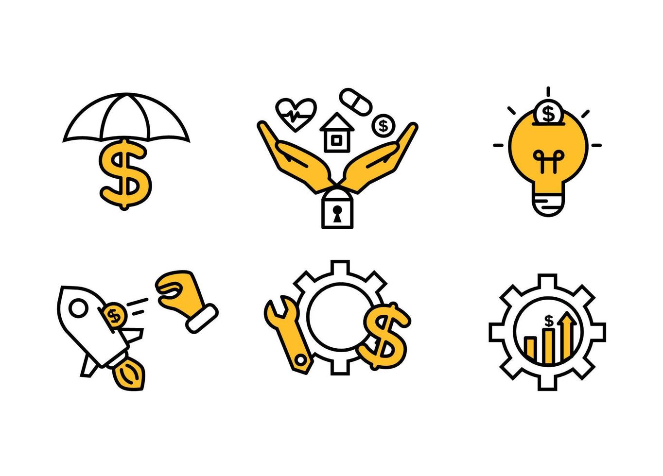 Financial services icons set. Icons insurance, venture capital, asset management. Icons gear with a mechanical key and a dollar sign, palm with a lock, a house, a heart, a tablet and a coin vector