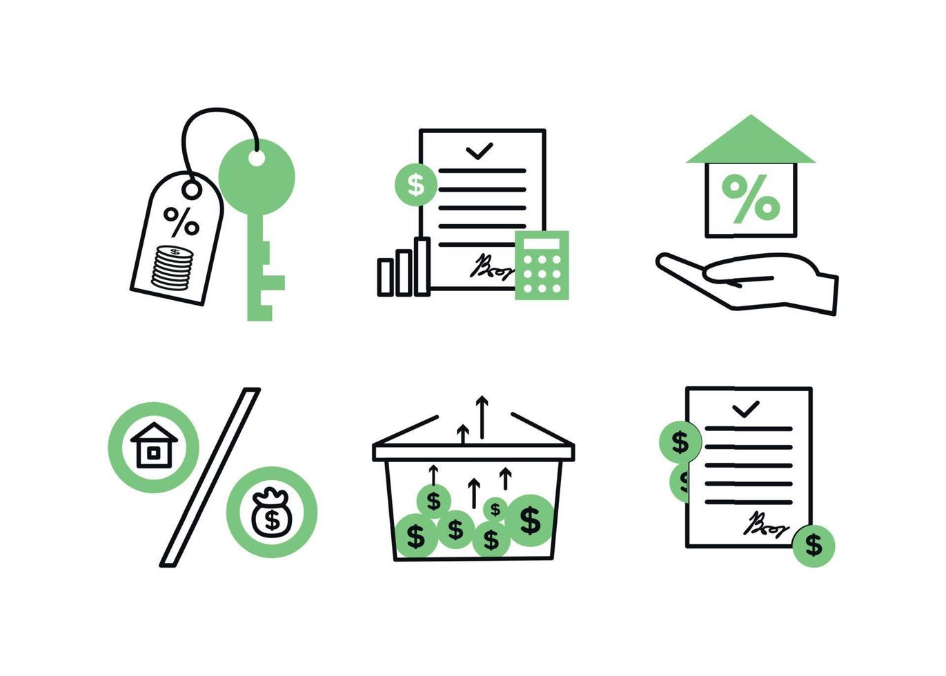 Finance icons. Financial services icons set. Mortgage, financial exchange icons. In the palm of your hand is a house with a percentage, a key with a keychain, on which coins and a percentage vector