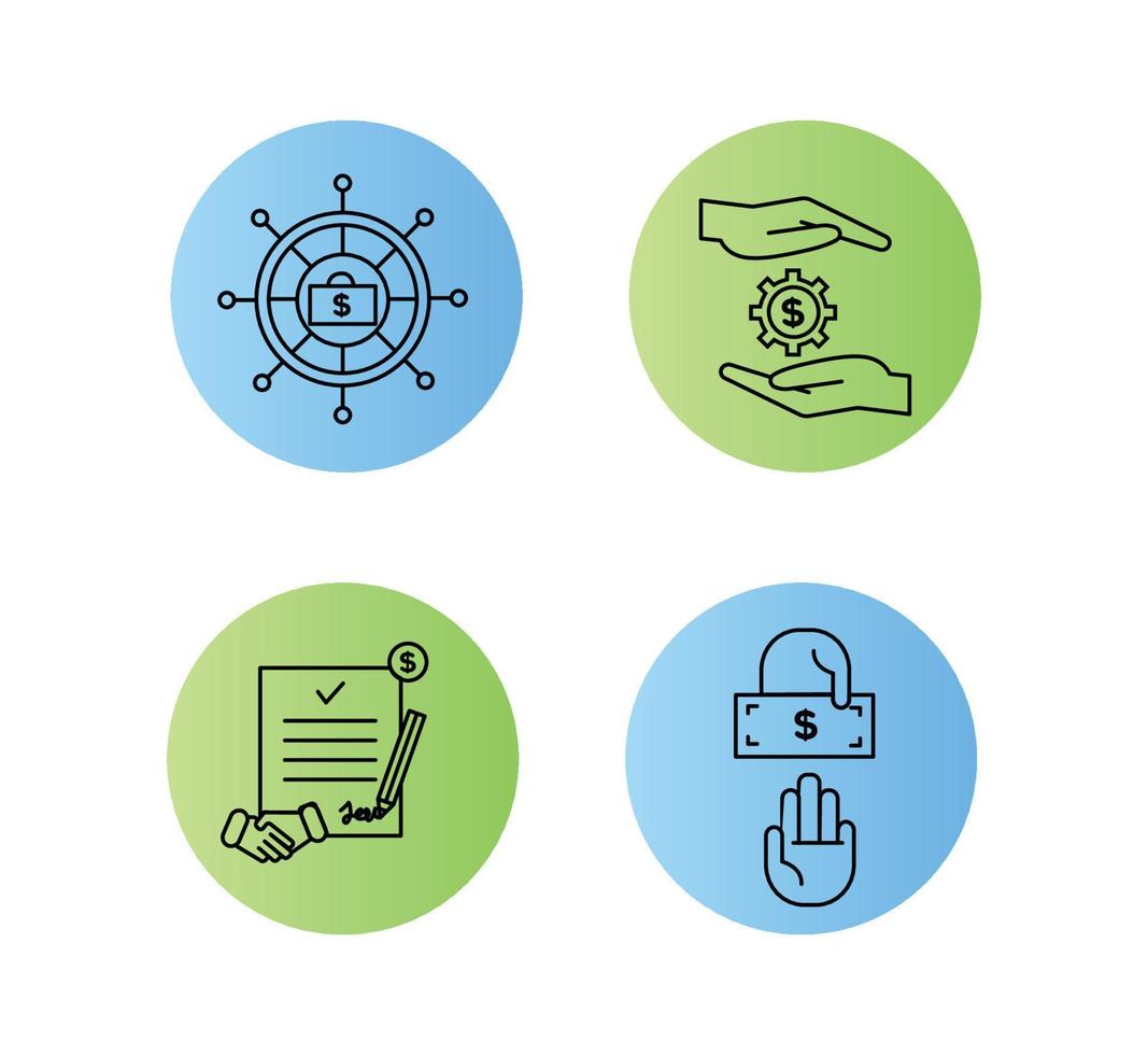 Financial services icons set. Icons insurance, venture capital, asset management, wealth management. Icons gear with a dollar between the palms, a handshake, a pencil, a coin on a document vector