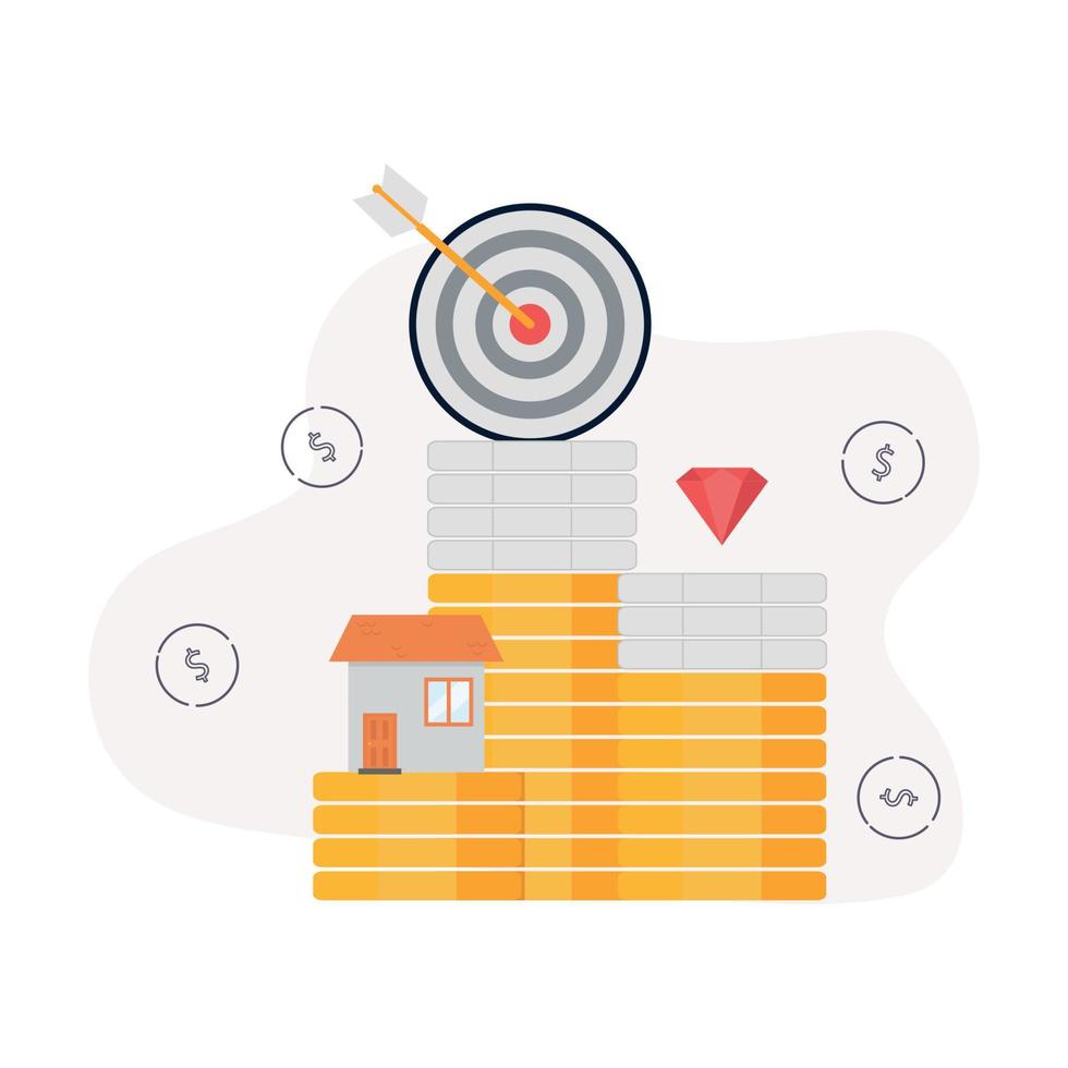 Asset Management. Illustration of stacks of coins on which a house, ruby, target with an arrow hitting a target, against the background of dollar signs vector