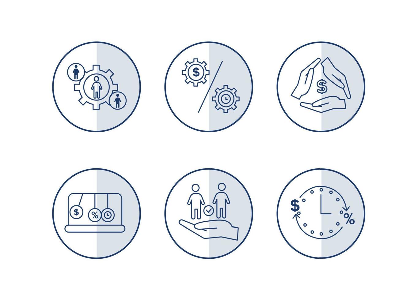 Finance icons. Financial services icons set. Icons lending, financial intermediaries. Gear sign, inside silhouette, on the sides silhouettes in circles vector