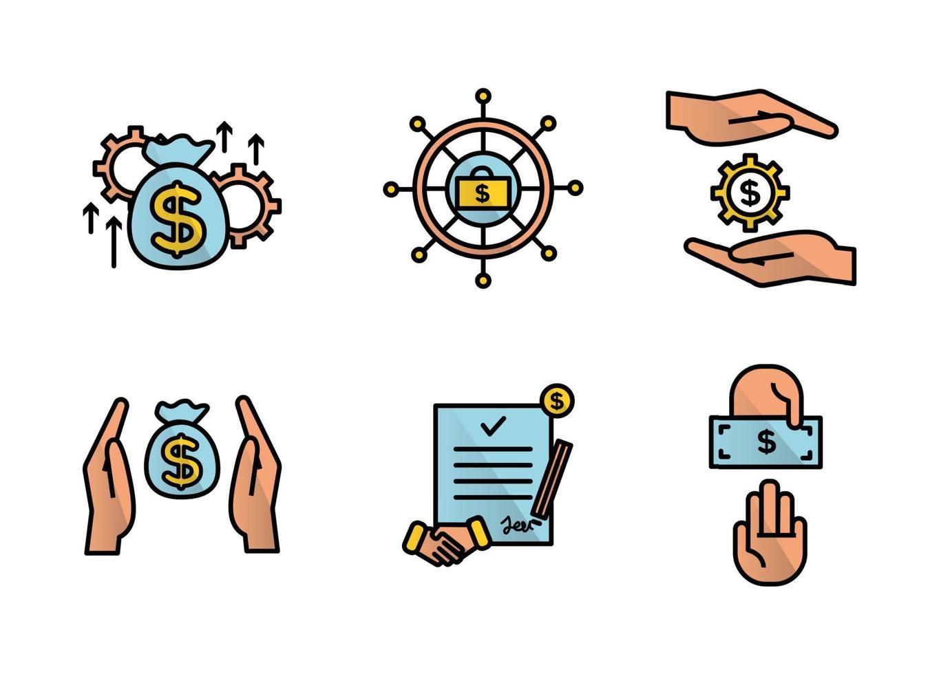 Financial services icons set. Icons asset management, wealth management, insurance, venture capital. Icons gear with a dollar between the palms, a steering wheel with a briefcase and a dollar vector