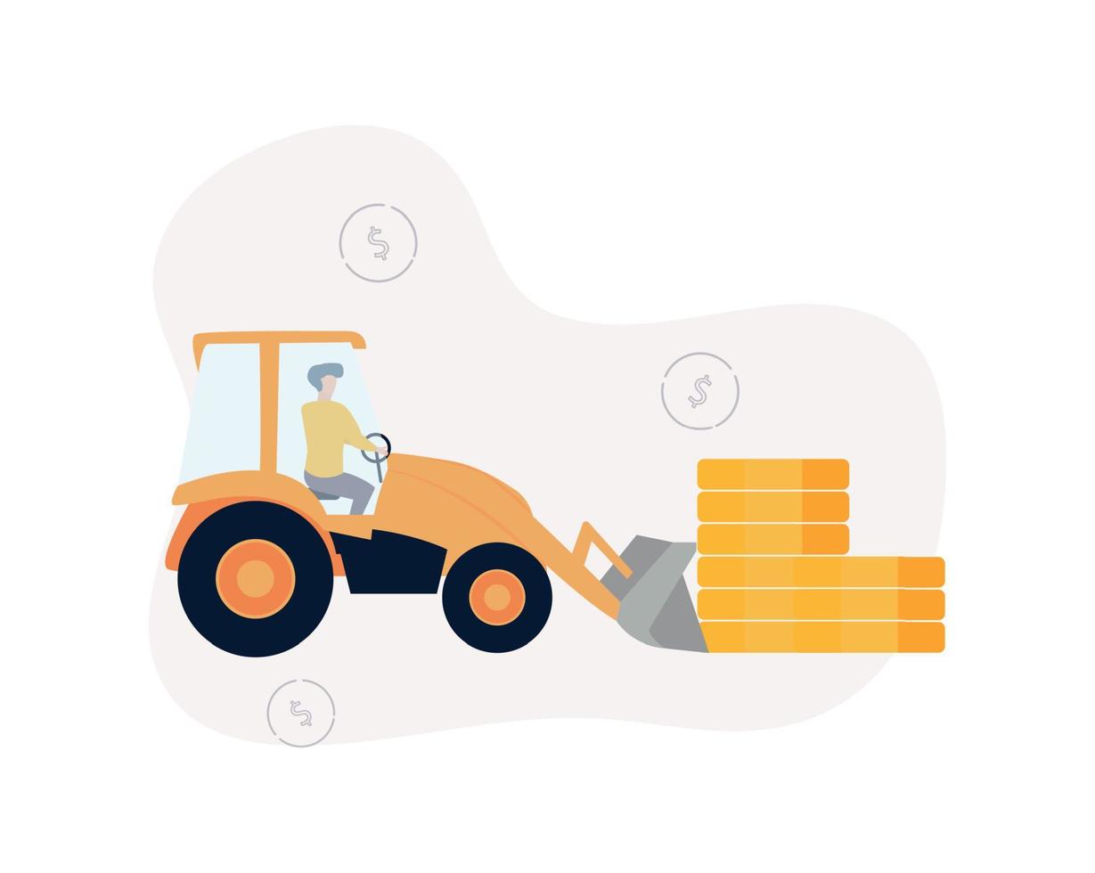 Asset Management. Illustration a man-driven tractor with a bucket carries coins, dollar signs are on the background vector