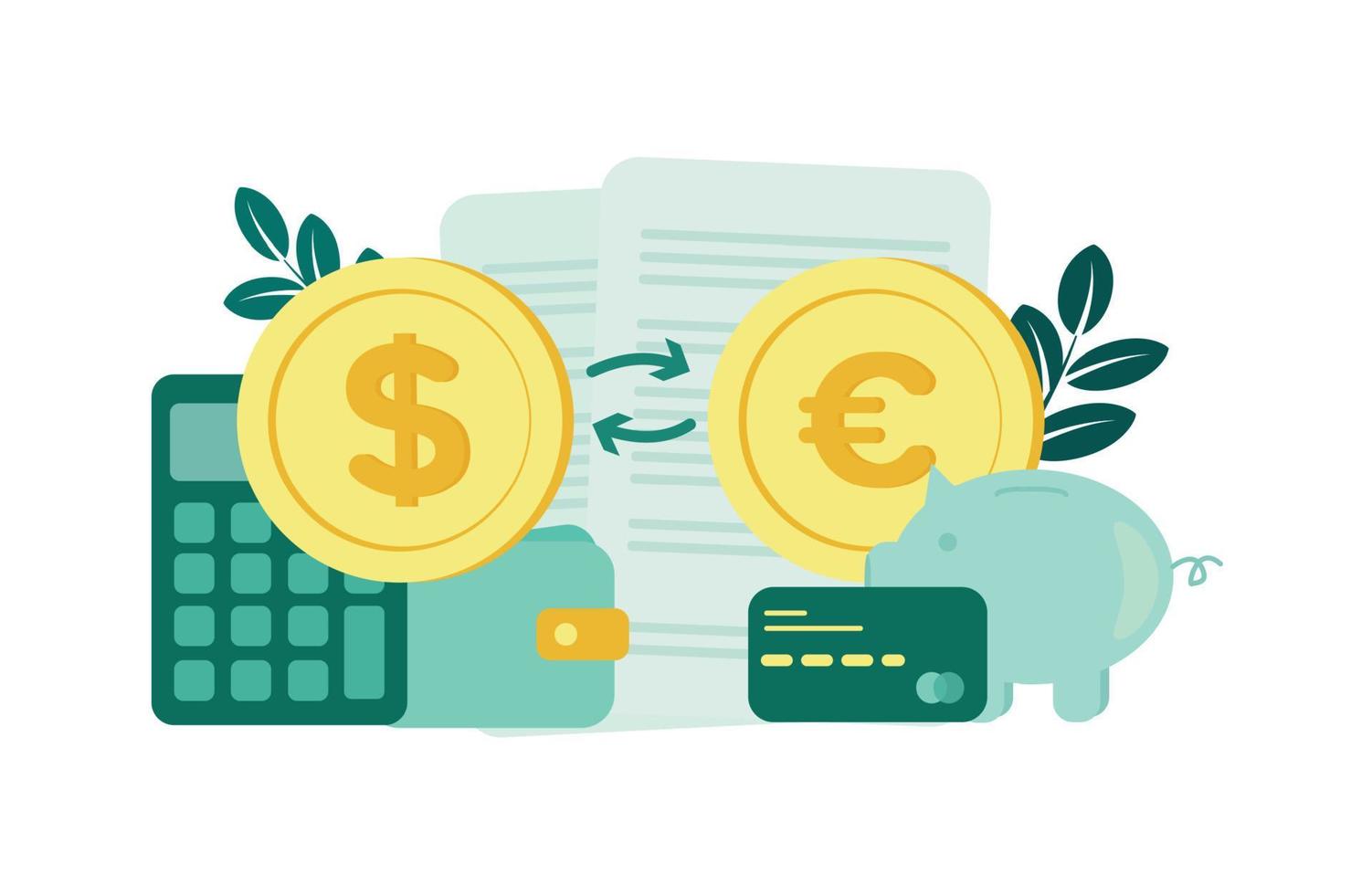 Finance. International Currency Exchange. Between dollar and euro coins, turnover arrows, near them a calculator, wallet, card, piggy bank, documents. Vector illustration