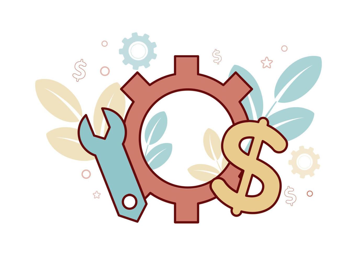 Financial services. Asset Management. Illustration of a gear, on one side a mechanical key, on the other a dollar sign, on the background of a branch with leaves, stars vector