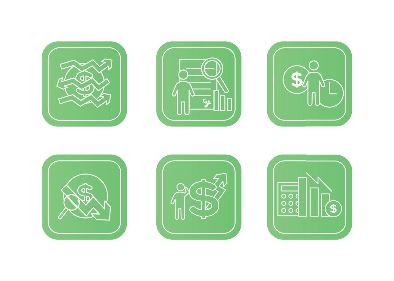 Finance icons set. Vector illustration of financial management, econometrics. A dollar sign, next to which is the silhouette of a man, followed by an up arrow.