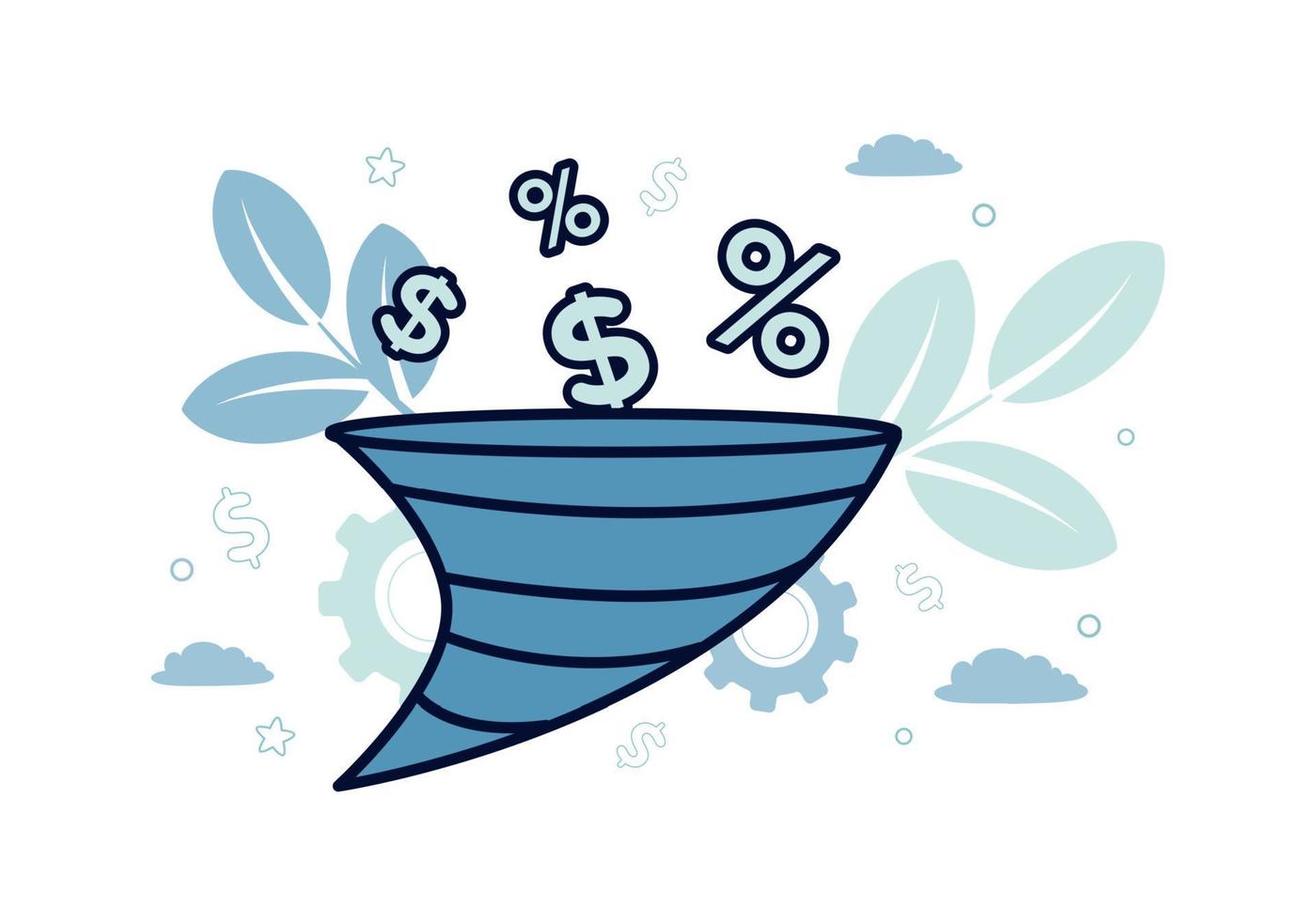Finance. Vector illustration of default. Funnel with falling dollar and percent icons on the background of gears, plants, leaves, clouds, stars