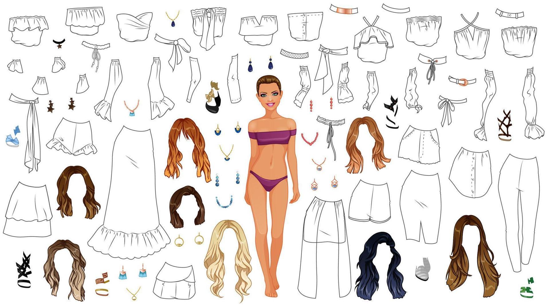 Off the Shoulder Style Coloring Page Paper Doll with Outfits, Hairstyles and Accessories. Vector Illustration