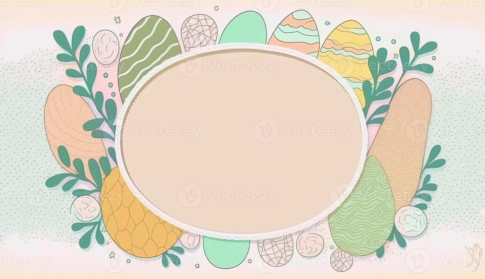 Happy easter greeting card in doodle flat style with egg and minimalistic flat color flowers. Empty Space for your greeting text. . photo