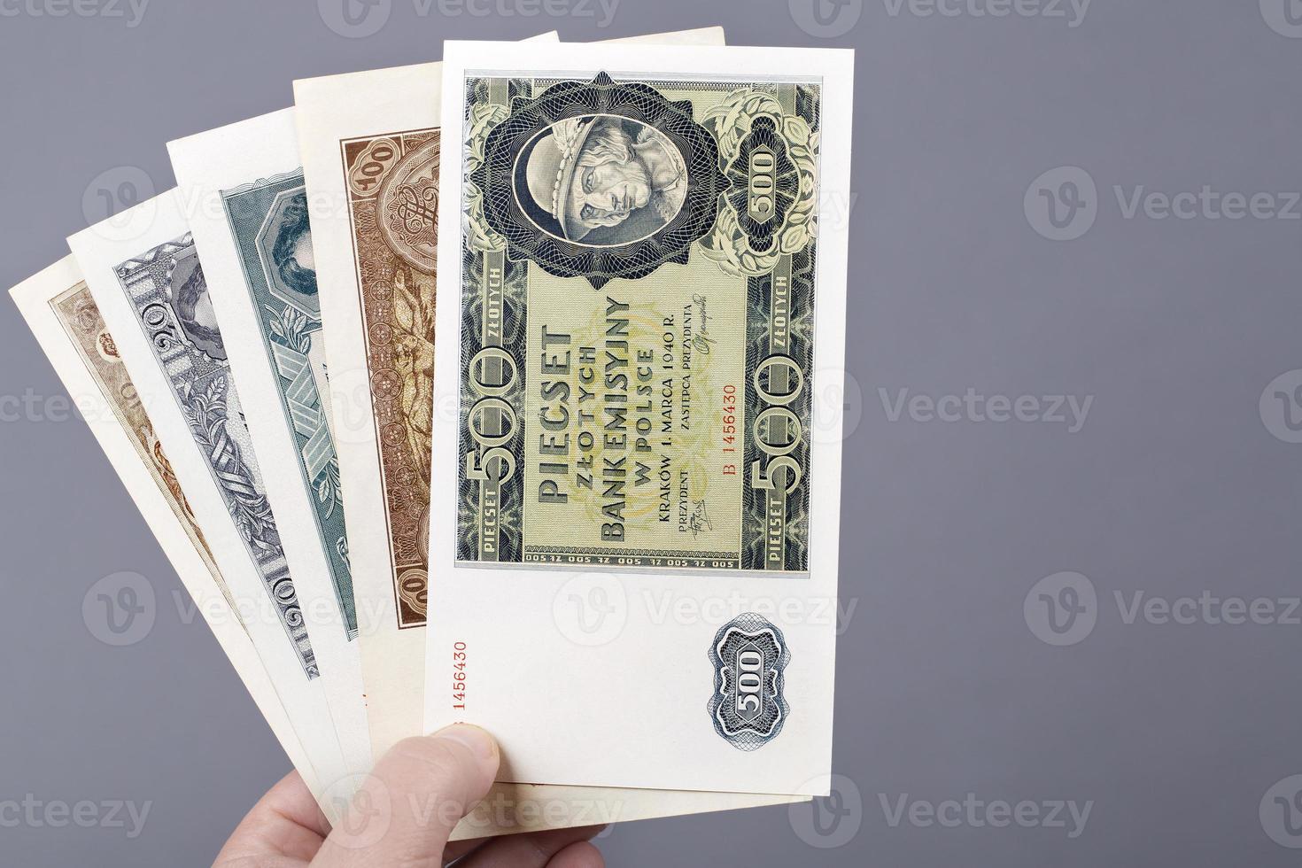Old Polish Zloty in the hand on a gray background photo