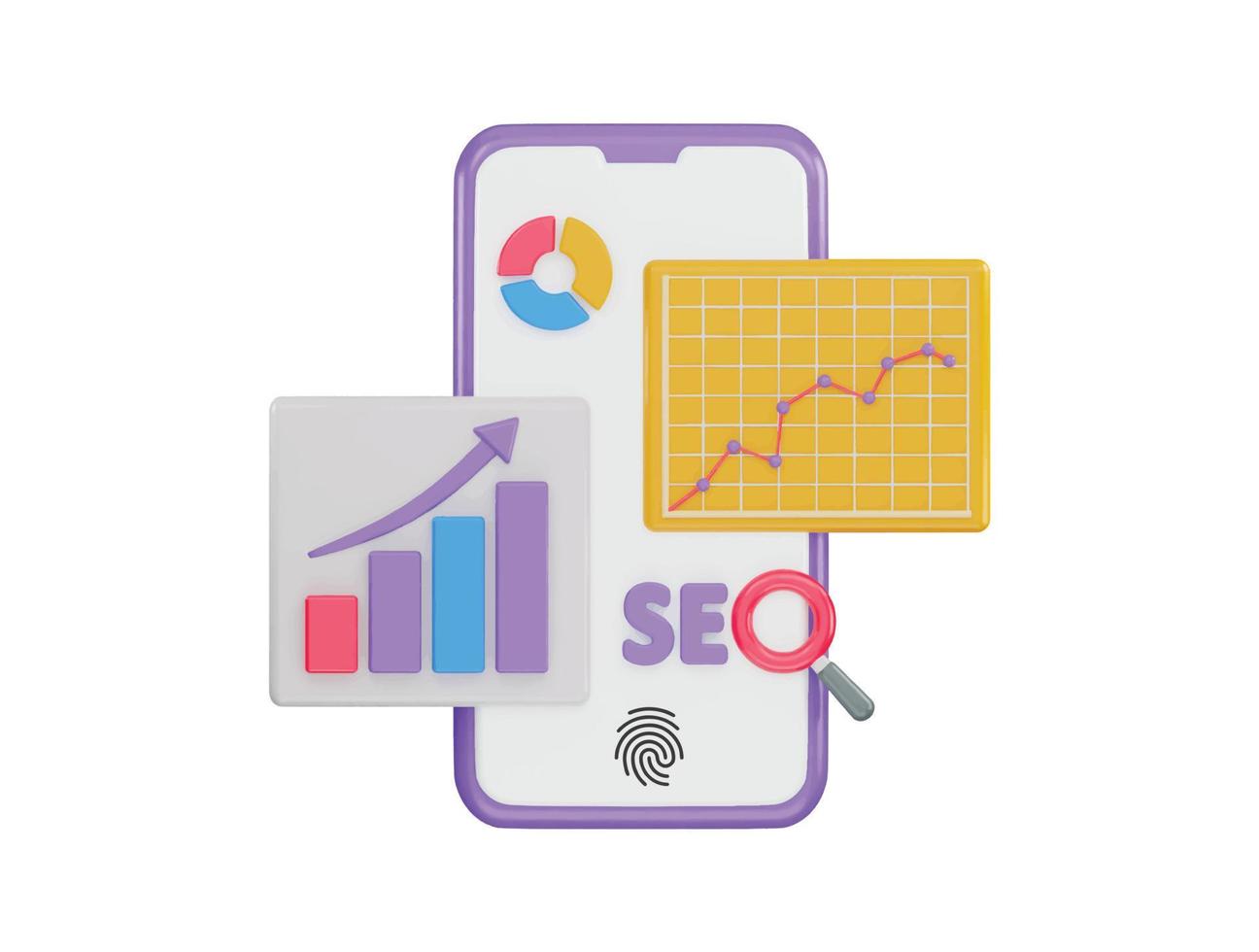 phone screen that has a chart and graph with seo optimization icon 3d rendering vector illustration