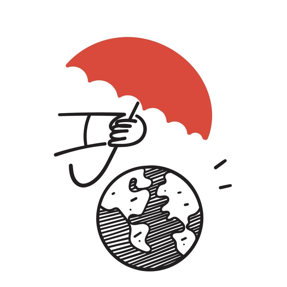 hand drawn doodle person protect earth globe with umbrella illustration vector