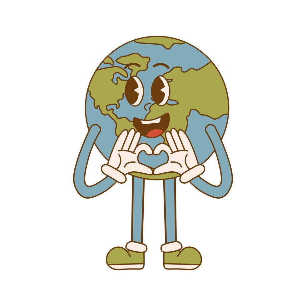 Earth Day. Cartoon cute earth planet character in retro style. Environmental eco concept vector