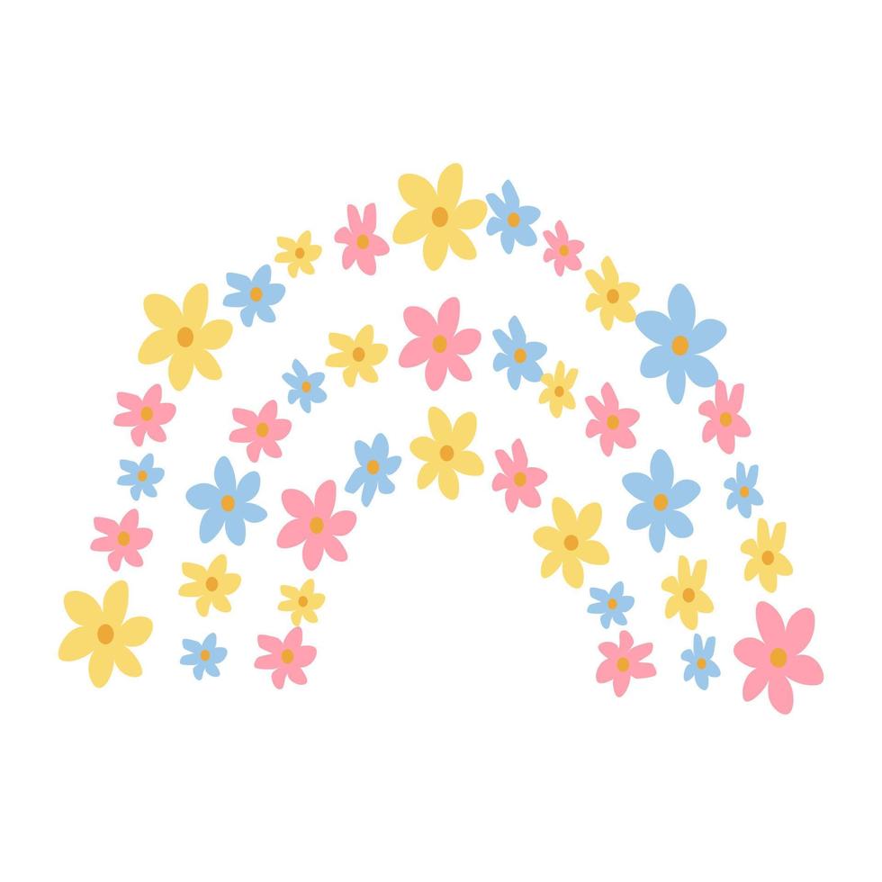 linda arco iris con flores aislado en blanco antecedentes para niños. ilustración en mano dibujado estilo para carteles, huellas dactilares, tarjetas, tela, para niños libros vector
