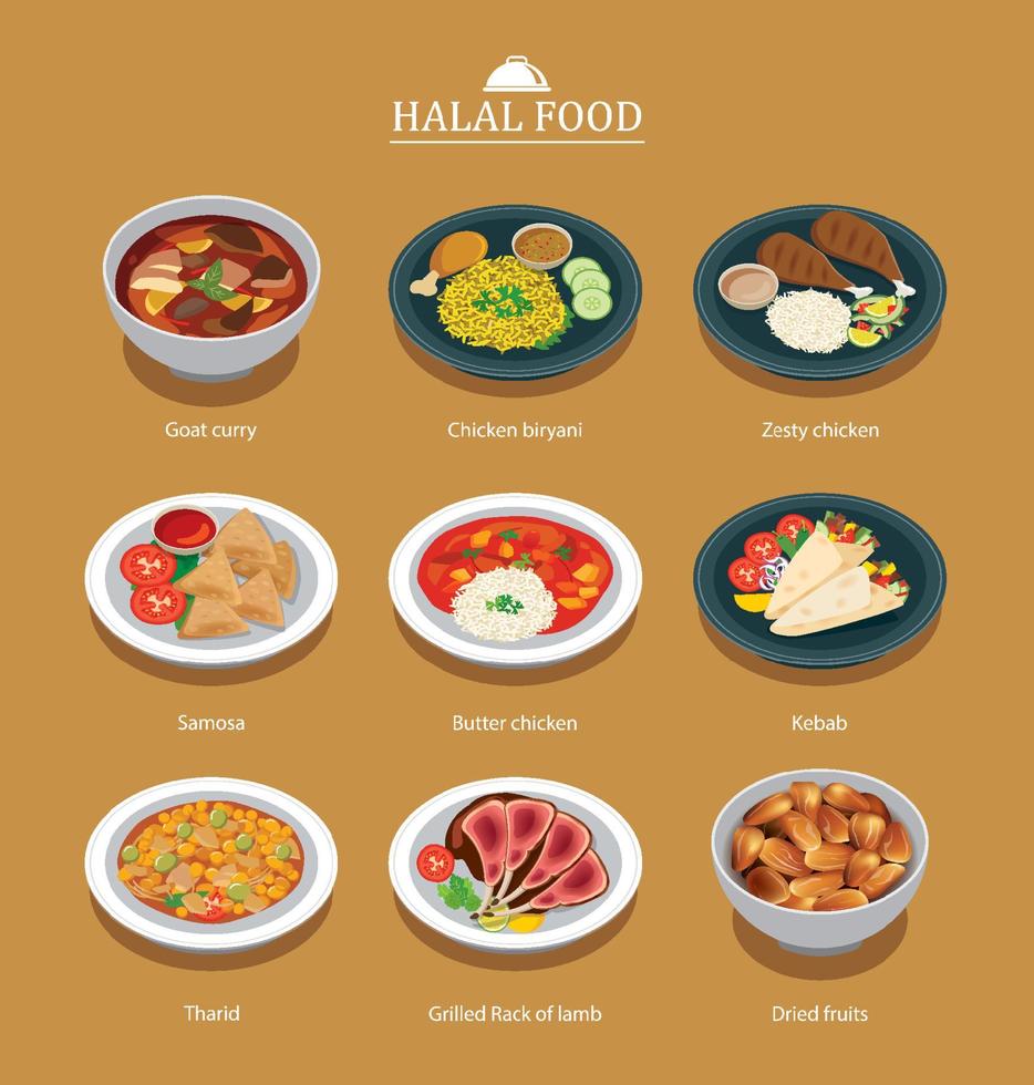 conjunto de halal comida menú plano diseño. vector