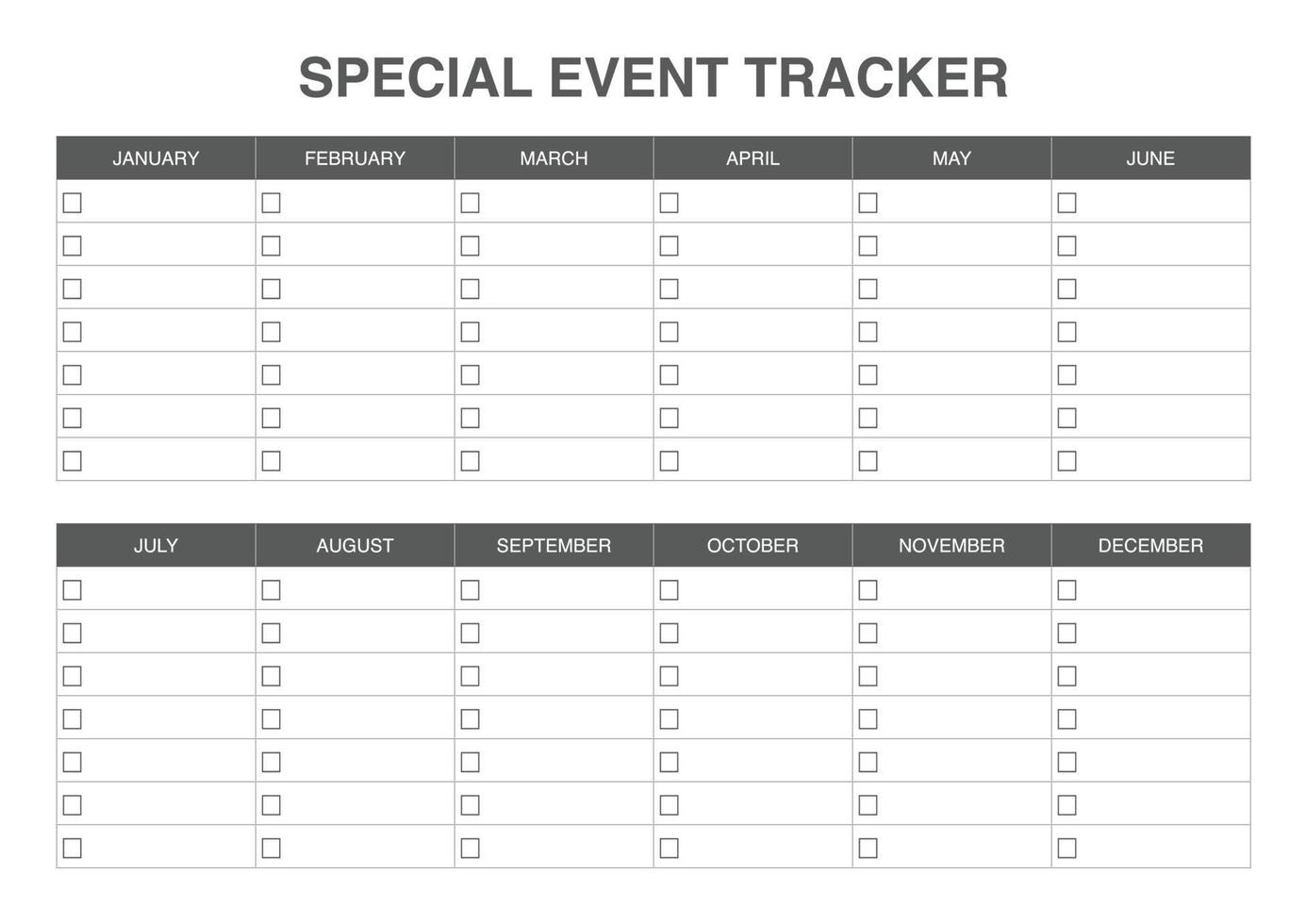 Special event tracker, organize printable template vector