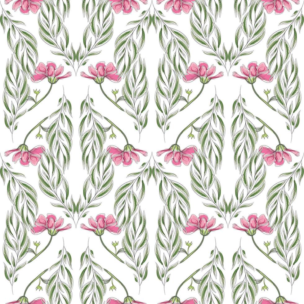 Modern floral pattern, flowers and leaves on a white background. An elegant template for fashionable prints. Green leaves and pink flowers. vector