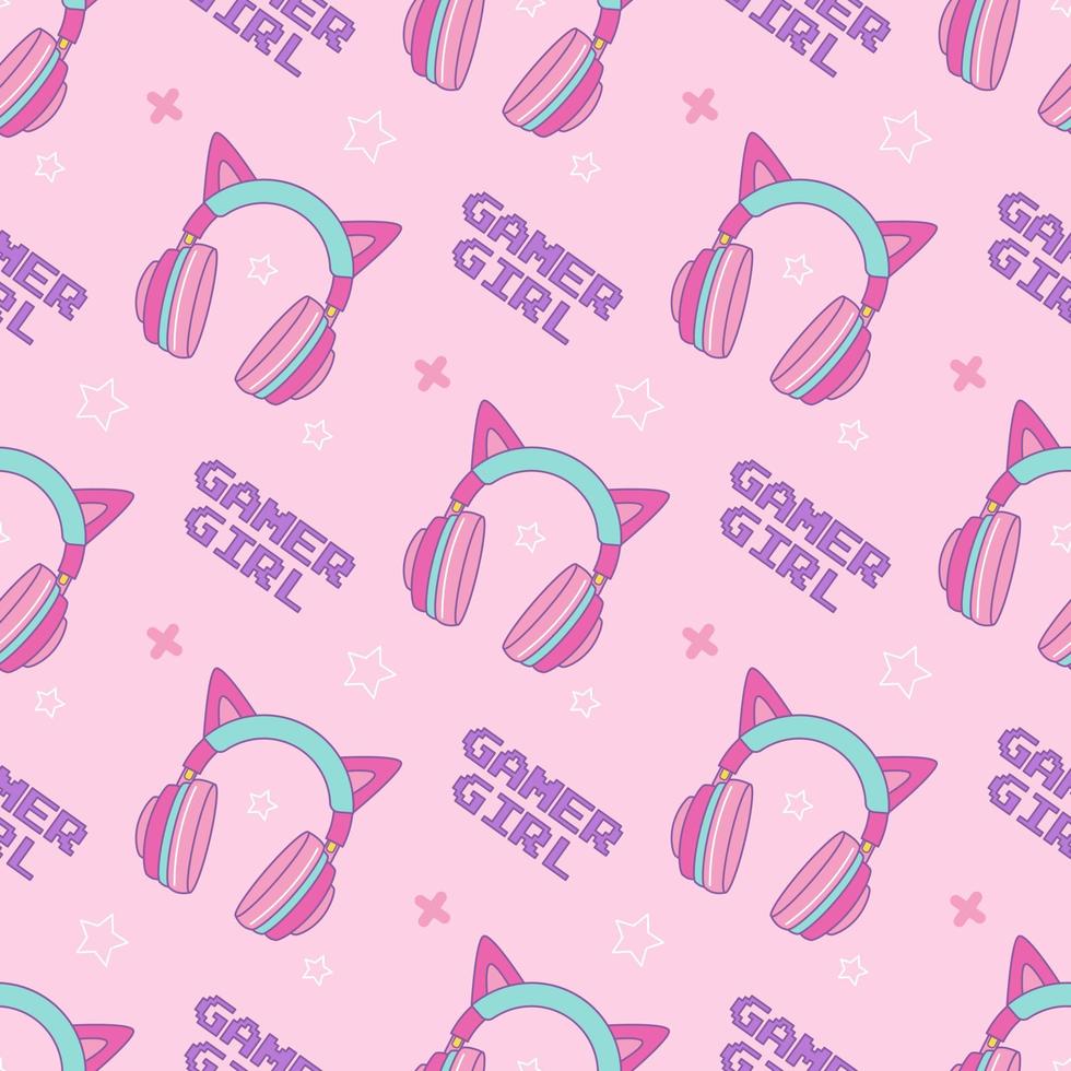 Headphones with cat ears for gamer girl on pink background. Vector seamless pattern in kawaii style