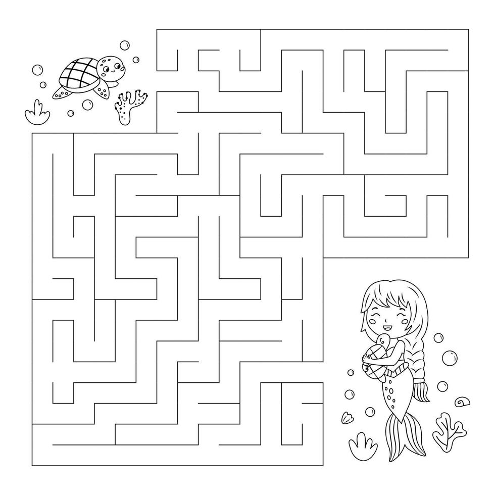 Coloring page with maze. Labyrinth game. Help the turtle find the way to mermaid. Fairy tale. Educational puzzle for children. Underwater theme. Coloring book. Vector illustration.