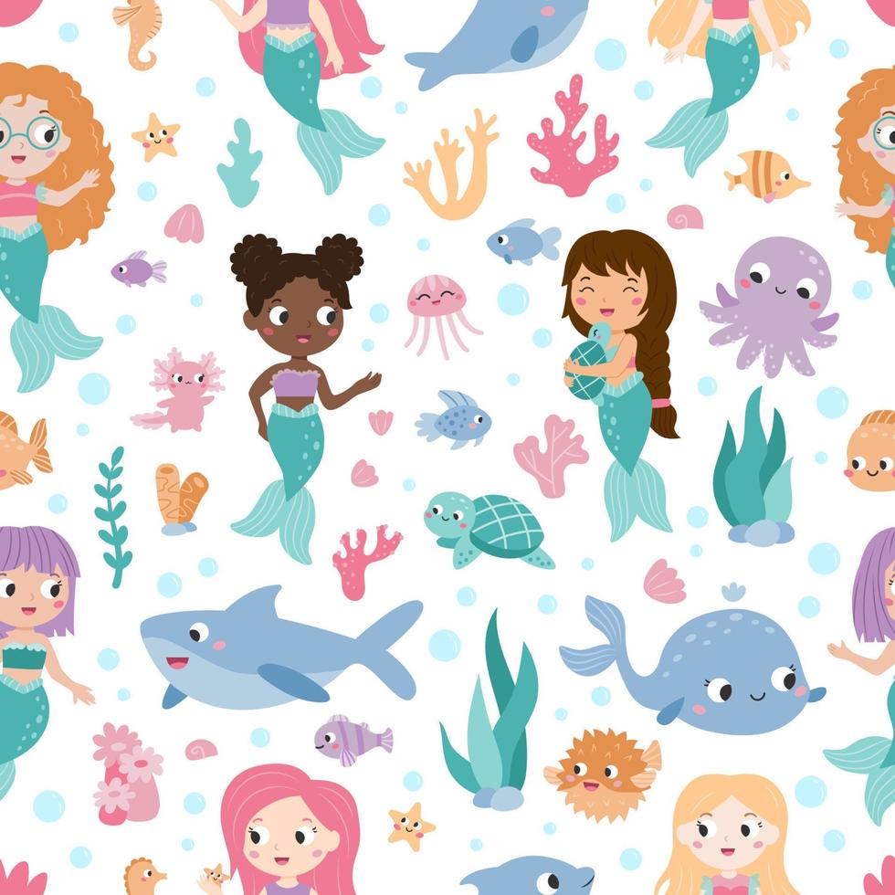 Seamless pattern with cute mermaids, sea animals and fish, seaweeds, corals. Kawaii cartoon characters. Fairy tale. Flat style. Vector illustration